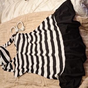 Women Halloween Used Black and White Striped Halter Dress Size Medium